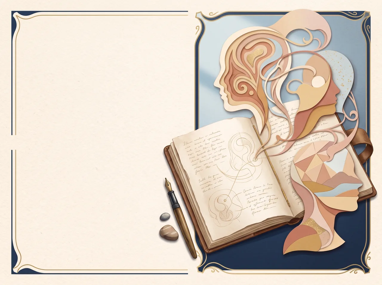 An open notebook and layered profile shapes in soft light, suggesting calm self-understanding.