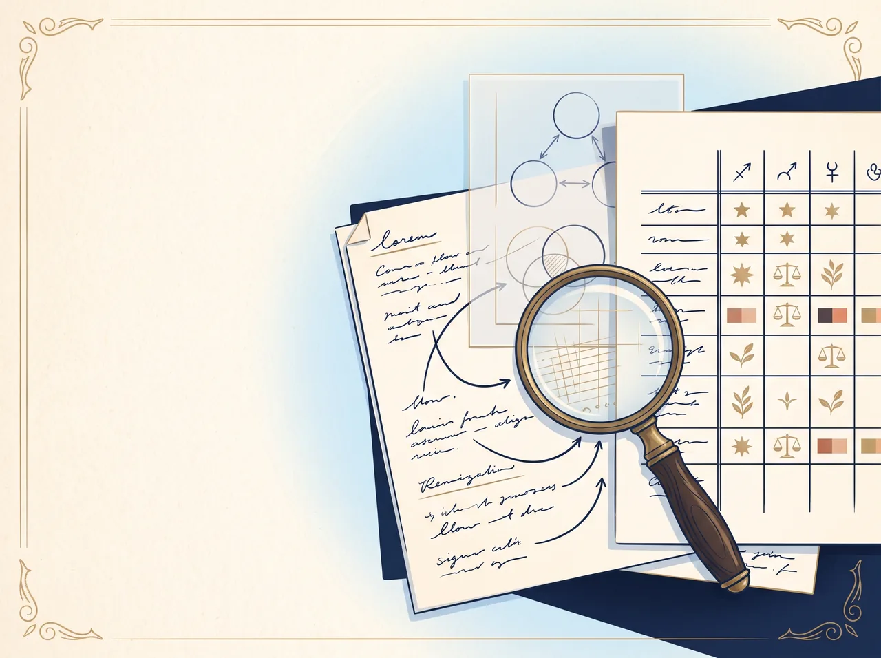 A careful methodology workspace with notes, a magnifying glass and trait diagrams.