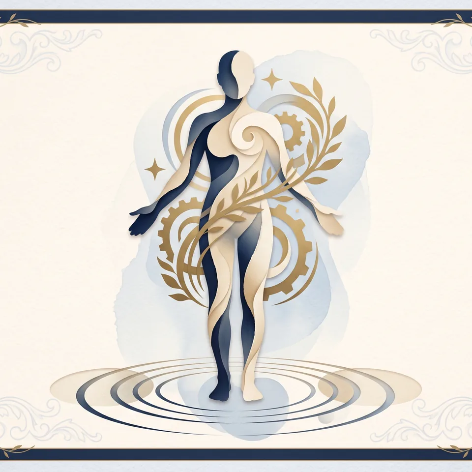 A balanced abstract personality portrait in gold and navy harmony.