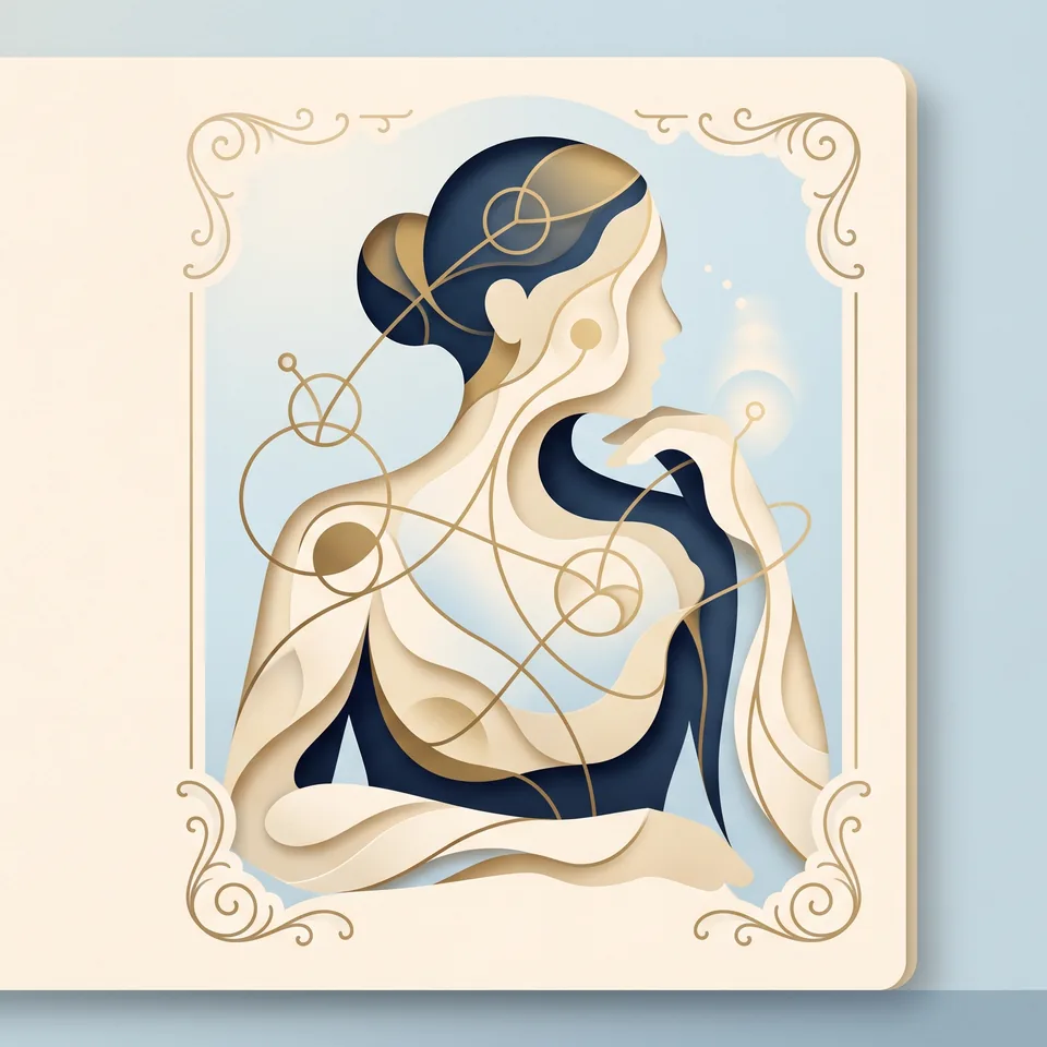 A calm abstract personality portrait with soft connecting gold lines.