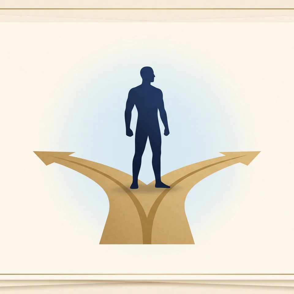 An upright abstract personality portrait facing a clear forked path.