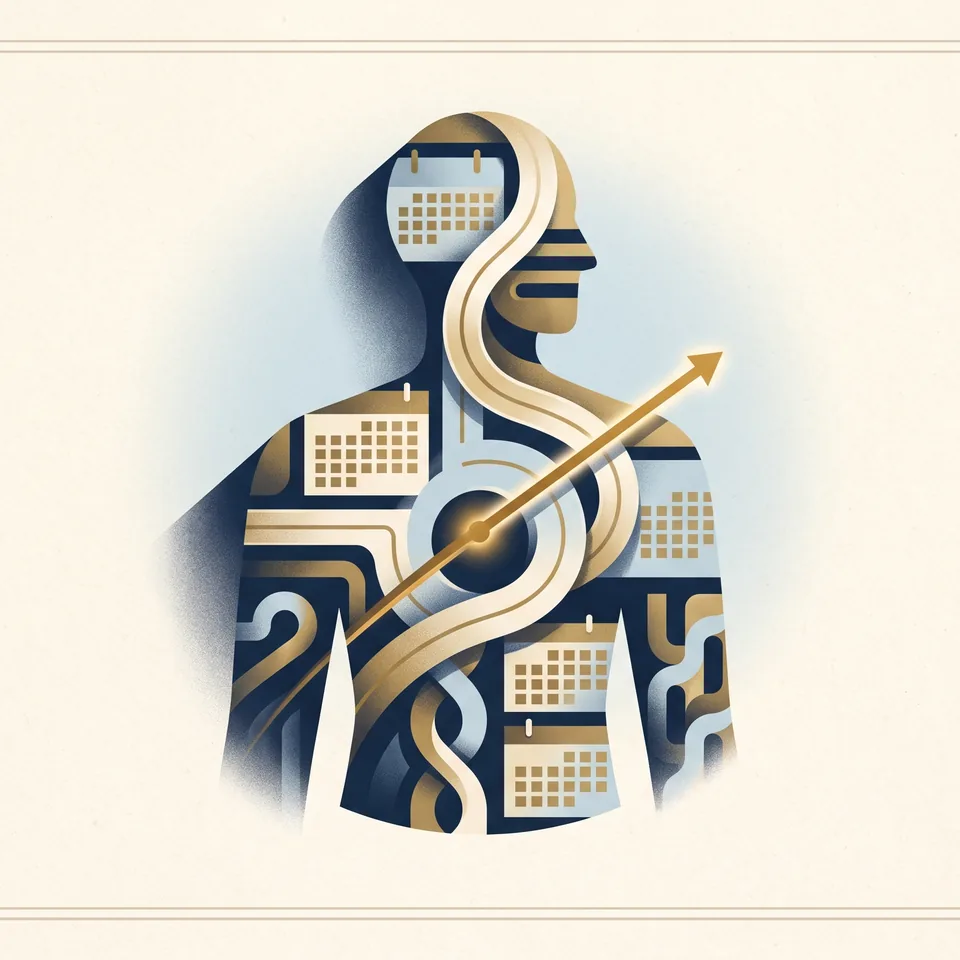 An abstract personality portrait with ordered paths and focused gold direction.