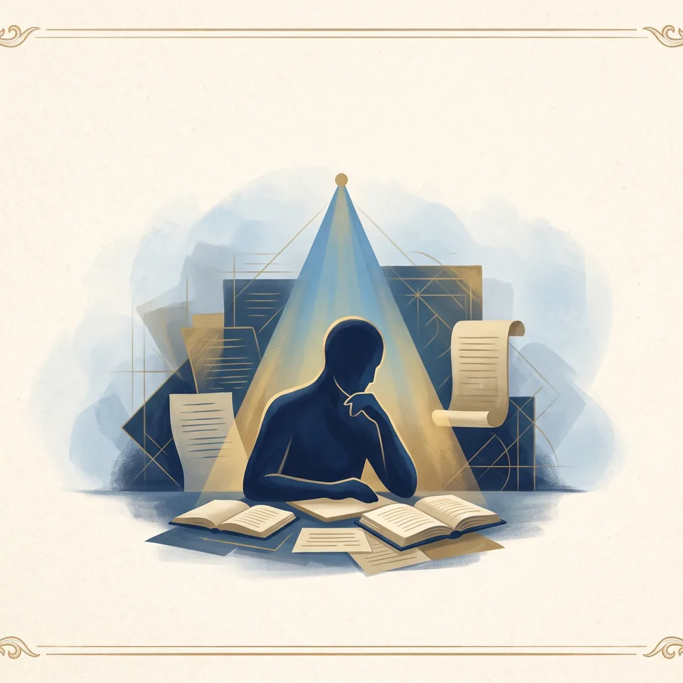 A focused abstract personality portrait with notes and a blue-gold beam of light.