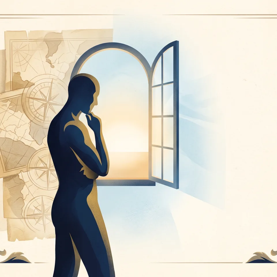 An abstract personality portrait near an open window and warm horizon.