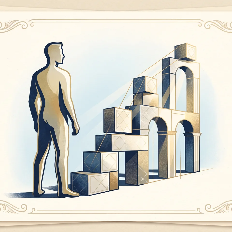 A grounded abstract personality portrait with stable architectural blocks.
