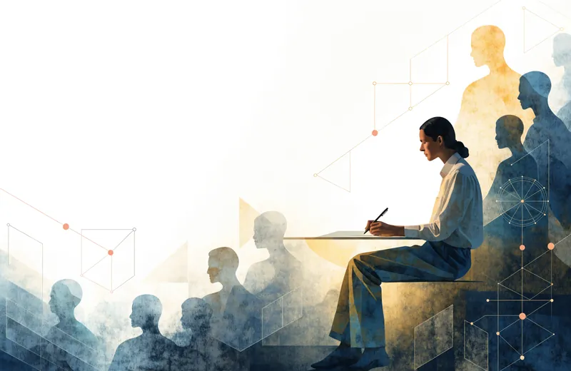 Editorial illustration: calmly beginning a self-reflection test